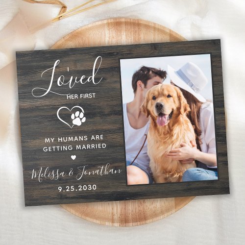 Custom Photo Rustic Wood QR Code Pet Dog Wedding Invitation Postcard