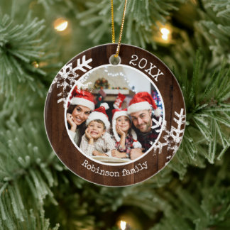 Custom Photo Rustic Wood Snowflake Ceramic Ornament
