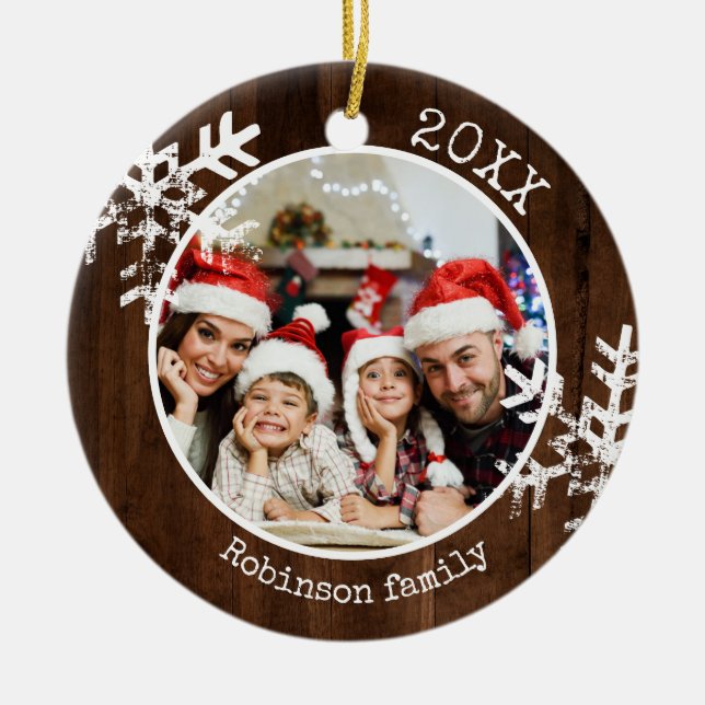 Custom Photo Rustic Wood Snowflake  Ceramic Ornament (Front)