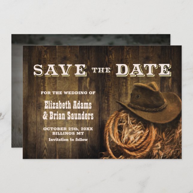Custom Photo Rustic Wood Western Wedding Save The Date (Front/Back)