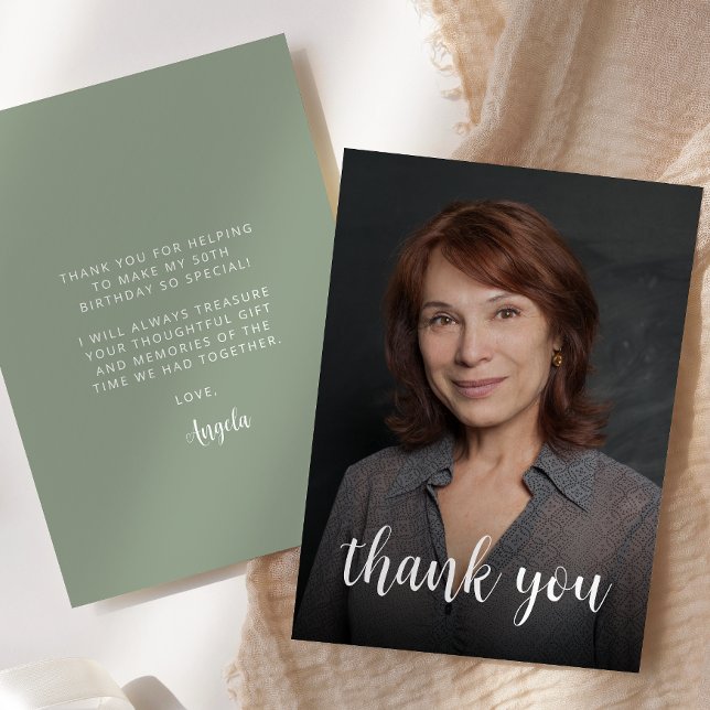 Custom Photo Sage Green 50th Birthday Party Thank You Card (Creator Uploaded)
