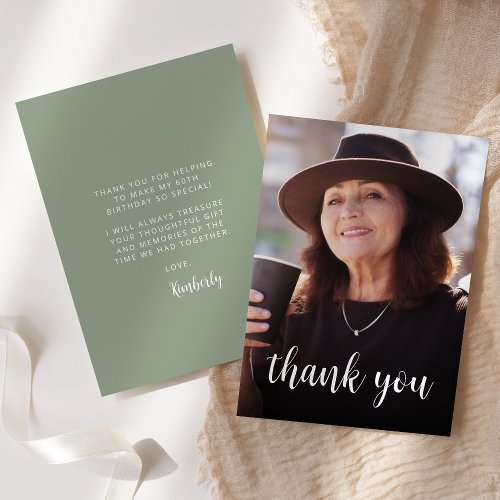 Custom Photo Sage Green 60th Birthday Party Thank You Card