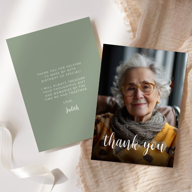 Custom Photo Sage Green 80th Birthday Party Thank You Card (Creator Uploaded)