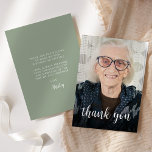 Custom Photo Sage Green 90th Birthday Party Thank You Card<br><div class="desc">The front of this 90th birthday invitation features the guest of honor's photo with the words "thank you" in elegant white calligraphy script overlay. A dark screen helps make the text pop. Customize the reverse side with your personal message in white sans serif font and your name in script on...</div>