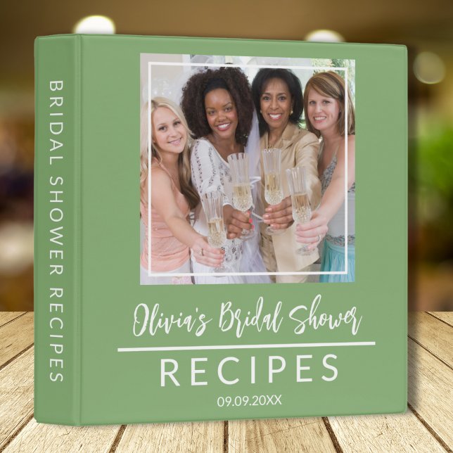Custom Photo Sage Green Bridal Shower Recipe Book  3 Ring Binder (Creator Uploaded)