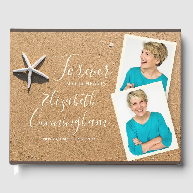 Custom Photo Sandy Beach Funeral Memorial Guest Book (Front)
