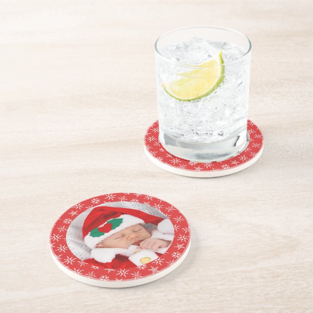 Custom Photo Santa Baby Red Background Snowflakes Coaster (Side)