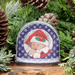 Custom Photo Santa Baby Snowflake Script Blue Snow Globe