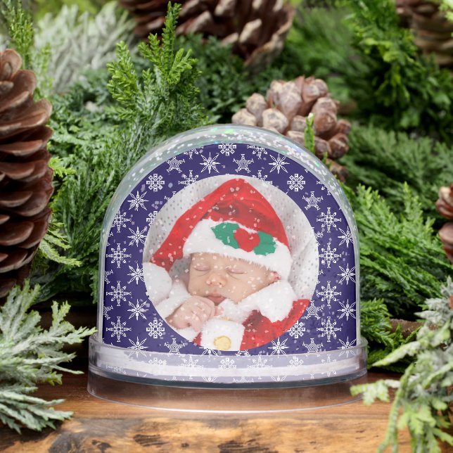 Custom Photo Santa Baby Snowflake Script Blue Snow Globe (Winter)