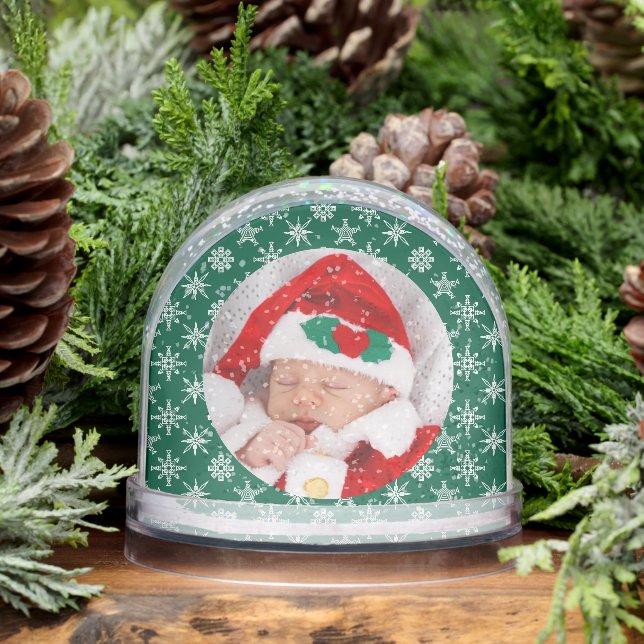 Custom Photo Santa Baby Snowflake Script Green Snow Globe (Winter)