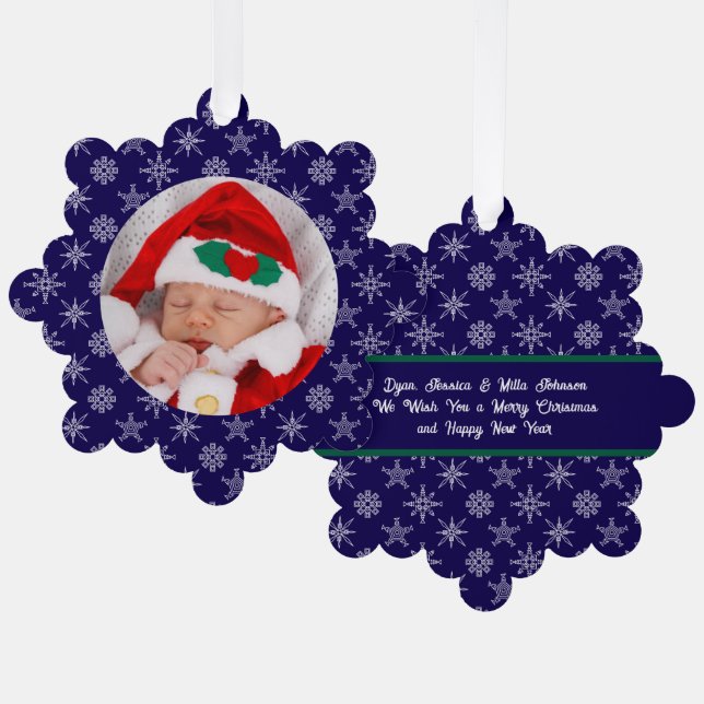 Custom Photo Santa Baby Snowflakes & Blue Paper Ornament Card (Front/Back)