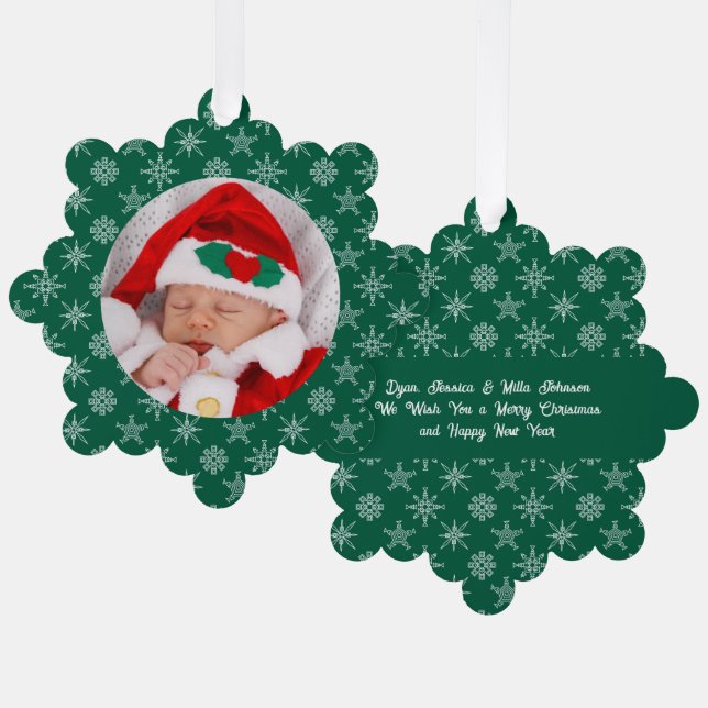 Custom Photo Santa Baby Snowflakes & Green Paper Ornament Card (Front/Back)