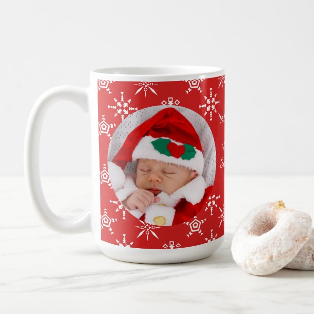 Custom Photo Santa Baby Snowflakes & Red BKGRD Coffee Mug (With Donut)