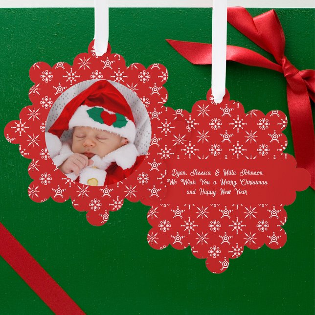 Custom Photo Santa Baby Snowflakes & Red Paper Ornament Card (Custom Photo Santa Baby Snowflakes & Red Paper Ornament Card)
