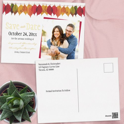 Custom Photo Save The Date Autumn Leaves Postcard