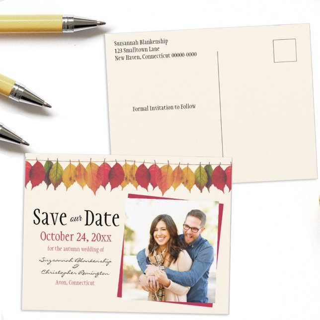 Custom Photo Save The Date Autumn Leaves Postcard (Creator Uploaded)