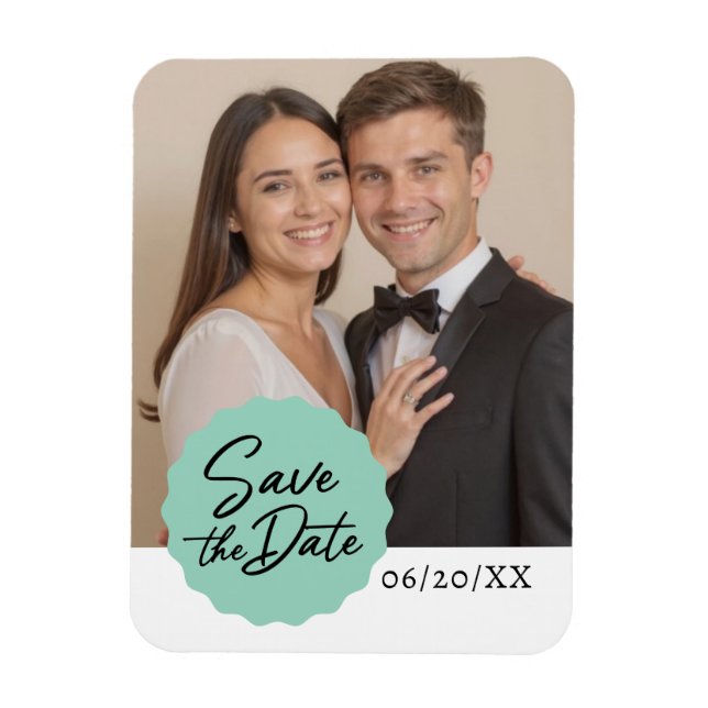 Custom Photo Save The Date Modern Script Emblem Magnet (Vertical)