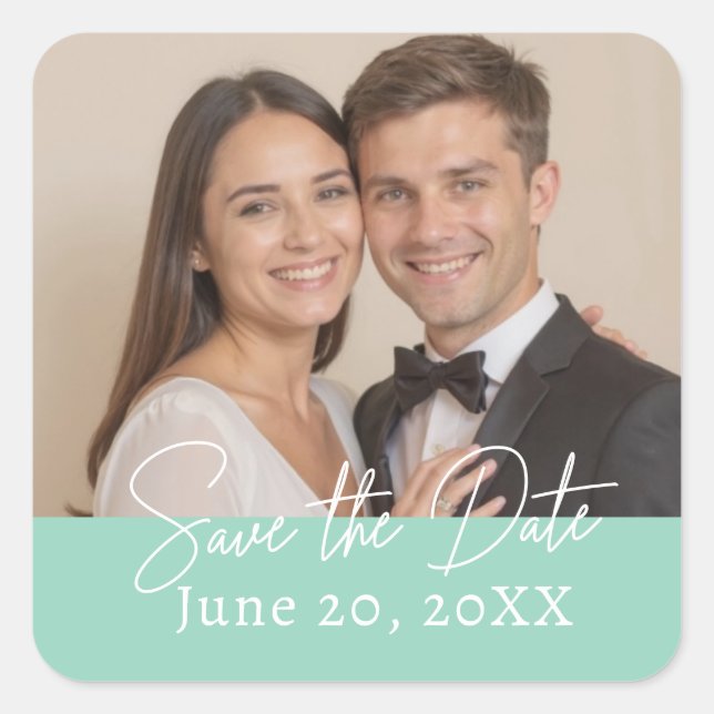 Custom Photo Save The Date Modern Script Square Sticker (Front)