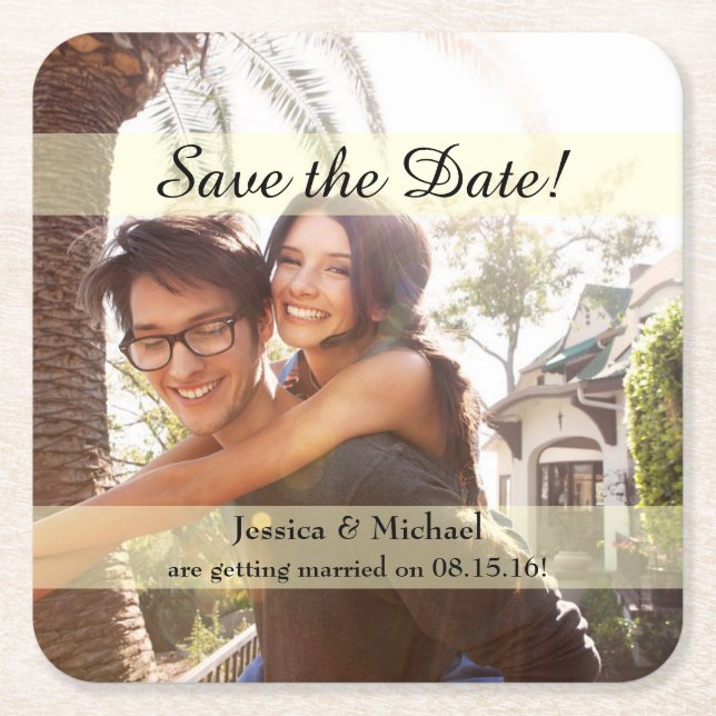 Custom Photo Save the Date Square Paper Coaster (Front)