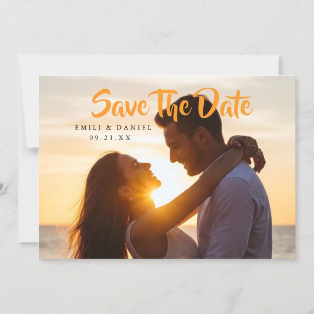 Custom Photo Save with Orange Script Magnetic Invitation (Front)