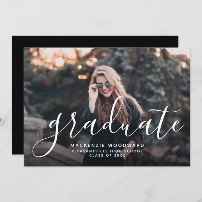 Custom Photo Script Black Graduation Party Invitation (Front/Back)