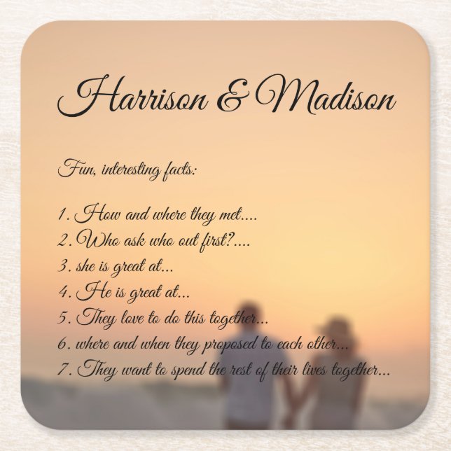 Custom photo script couple fun facts wedding square paper coaster (Front)