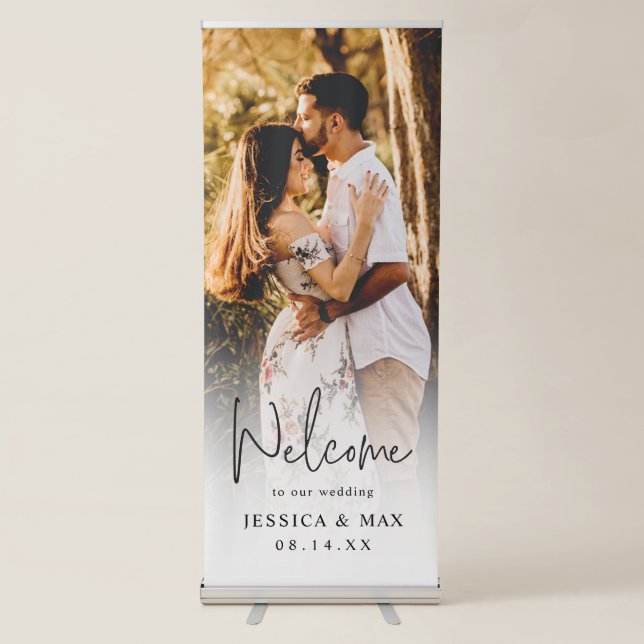 Custom Photo Script Font Wedding Welcome Retractable Banner (Front)