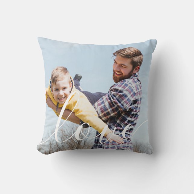 Custom Photo Script Love Family Typography Throw Pillow (Front)