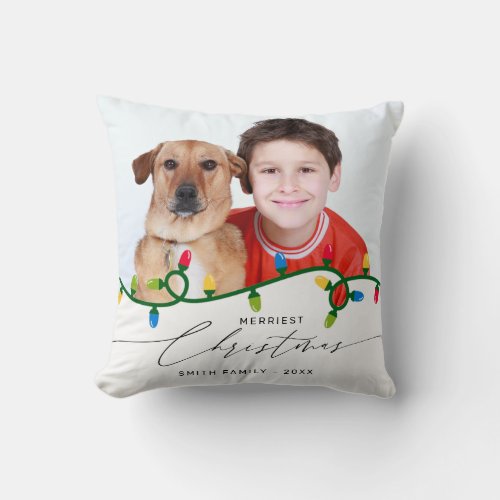 Custom Photo Script Merry Christmas String Lights Throw Pillow