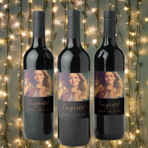 Custom photo script text congrats party black gold wine label