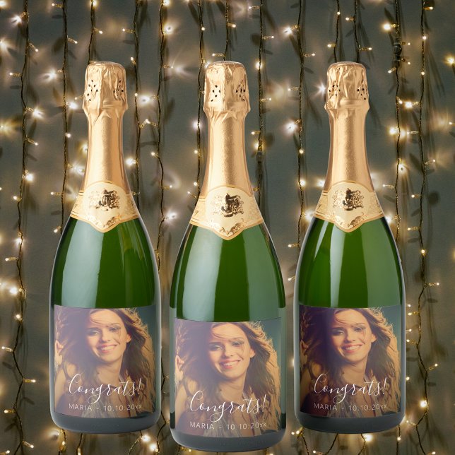 Custom photo script text congrats party sparkling wine label (Creator Uploaded)