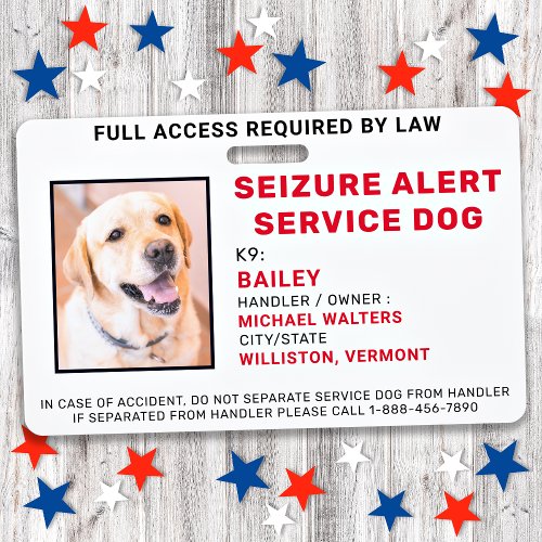 Custom Photo Seizure Alert Service Dog ID Badge