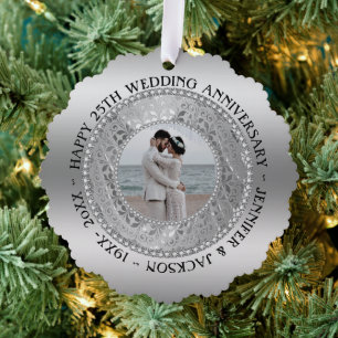 Custom Photo Silver Background Anniversary  Ornament Card