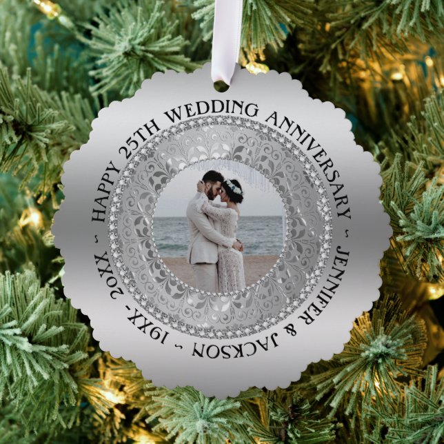 Custom Photo Silver Background Anniversary  Ornament Card (Insitu (Tree))