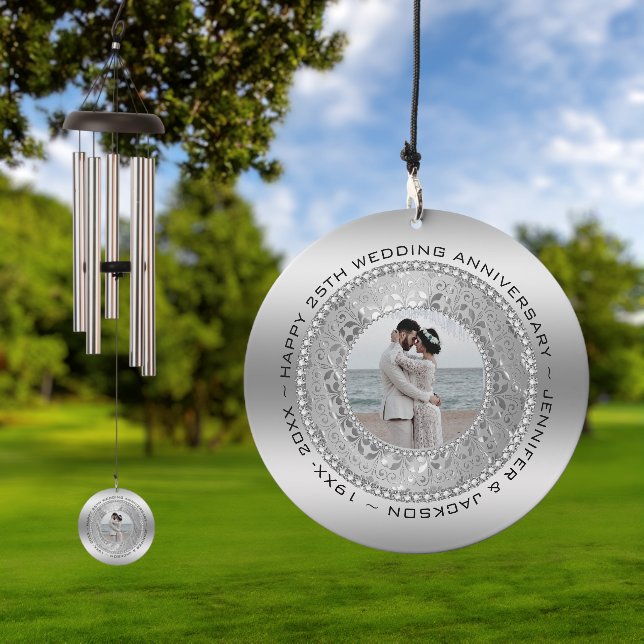 Custom Photo Silver Background Wedding Anniversary Wind Chime (Outdoor)