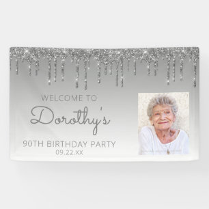 Custom Photo Silver Glitter Drip 90th Birthday Banner