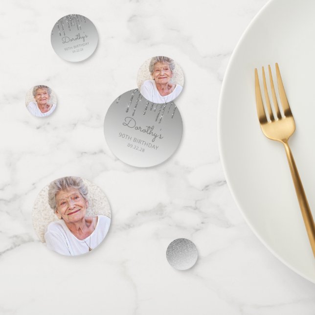 Custom Photo Silver Glitter Drip 90th Birthday Confetti (Group)