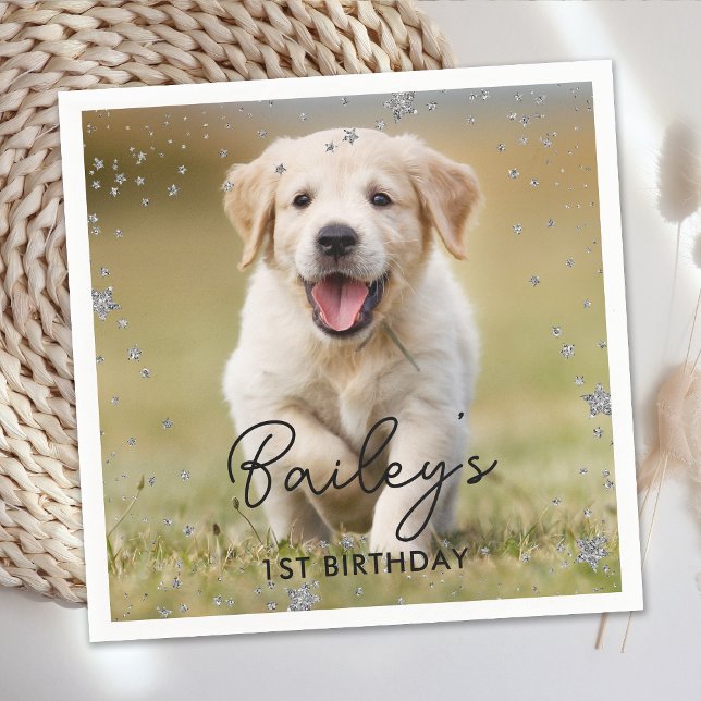 Custom Photo Silver Glitter Stars Pet Dog Birthday Napkins (Creator Uploaded)