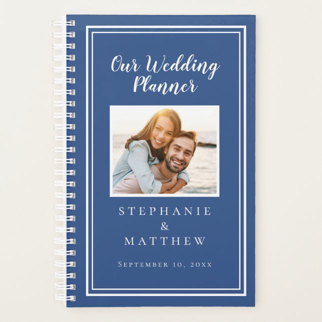 Custom Photo Simple Blue & White Chic Wedding Planner (Front)
