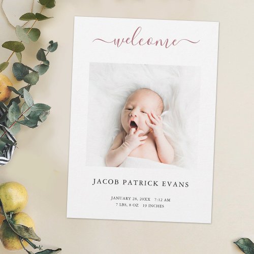 Custom Photo Simple Modern Script Birth Announcement