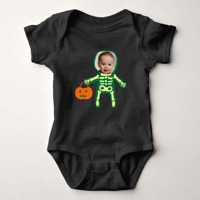 Custom photo skeleton Halloween trick or treat Baby Bodysuit (Front)