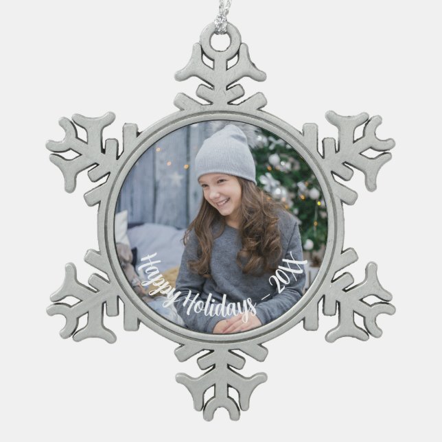 Custom Photo Snowflake Holiday Pewter Ornament (Front)