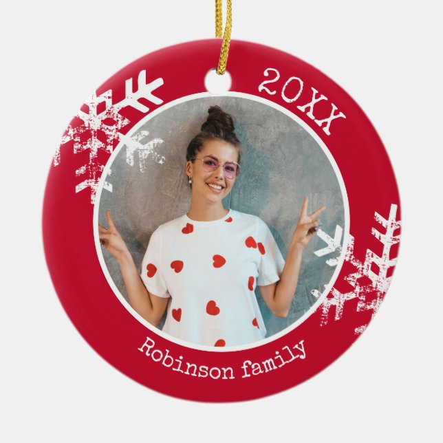 Custom Photo Snowflake Red Circle Ornament (Front)