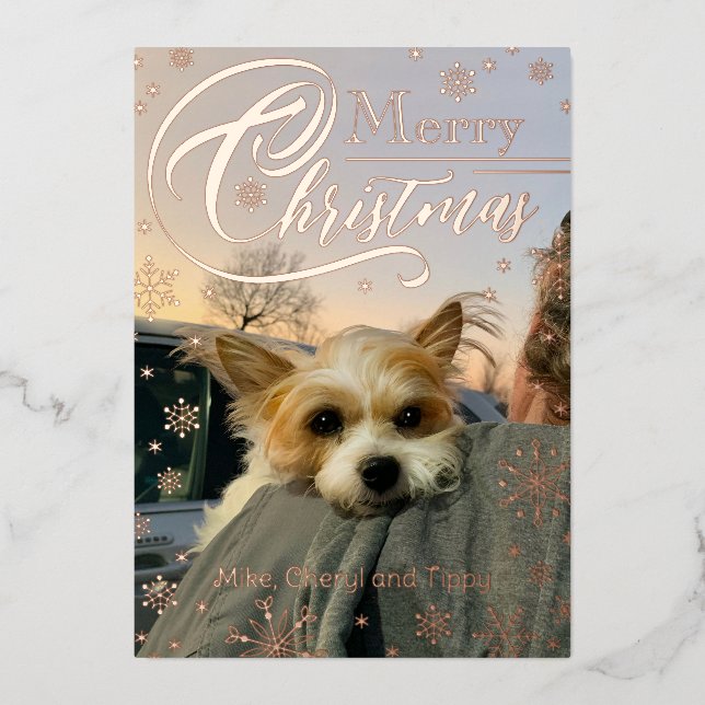 Custom Photo Snowflake Typography Christmas Foil Holiday Card (Front)