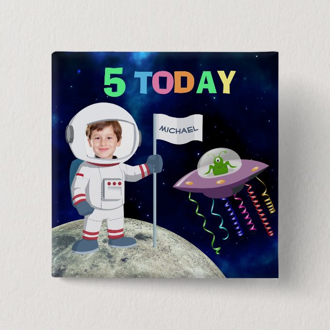 Custom Photo Spaceman Birthday Kids Age Button (Front)