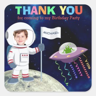Custom Photo Spaceman Birthday Thank You Square Sticker