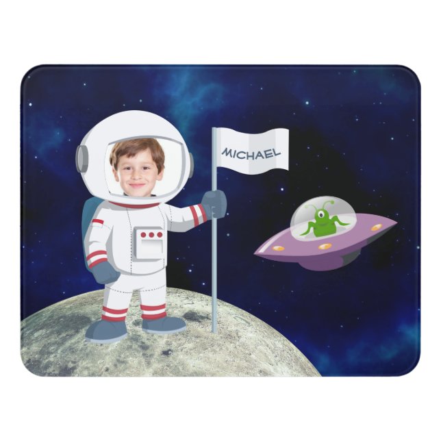 Custom Photo Spaceman on Moon Kids Fun Door Sign (Contemporary Front)