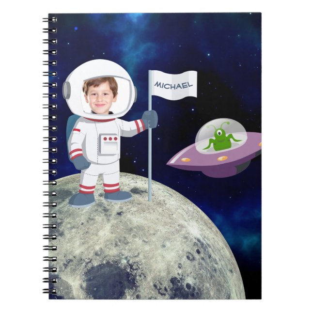 Custom Photo Spaceman on Moon Kids Notebook (Front)