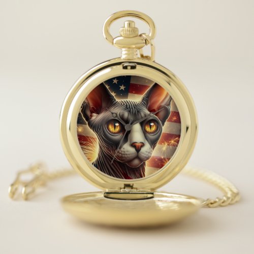 Custom Photo Sphynx Cat USA Flag Personalized Pocket Watch