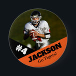 Custom photo sports button / pin football<br><div class="desc">Support your child's athletic endeavors with this custom sports pin. Great for senior nights! Available in a variety of sizes. Lots of options to customize.</div>